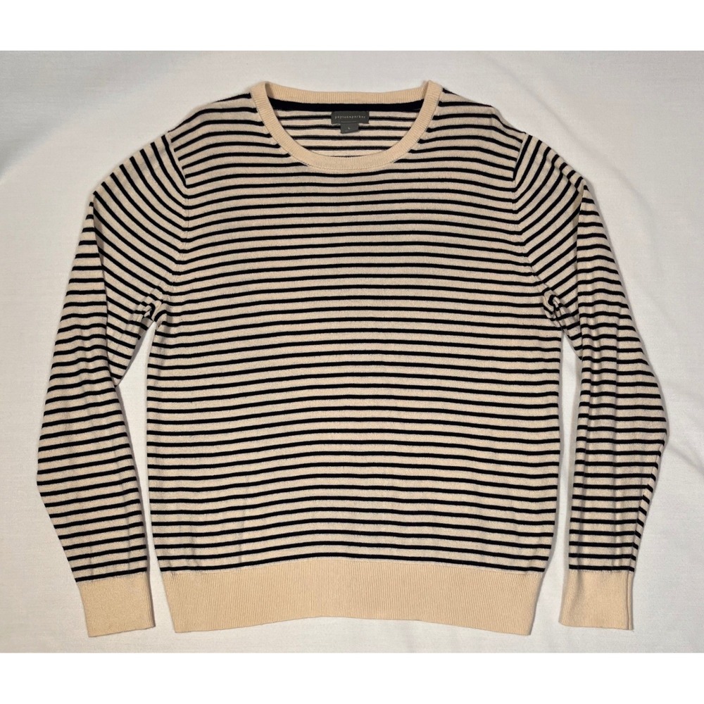 Peyton & Parker Mens Large Striped Crewneck Sweater Navy Blue Cream Cotton Blend